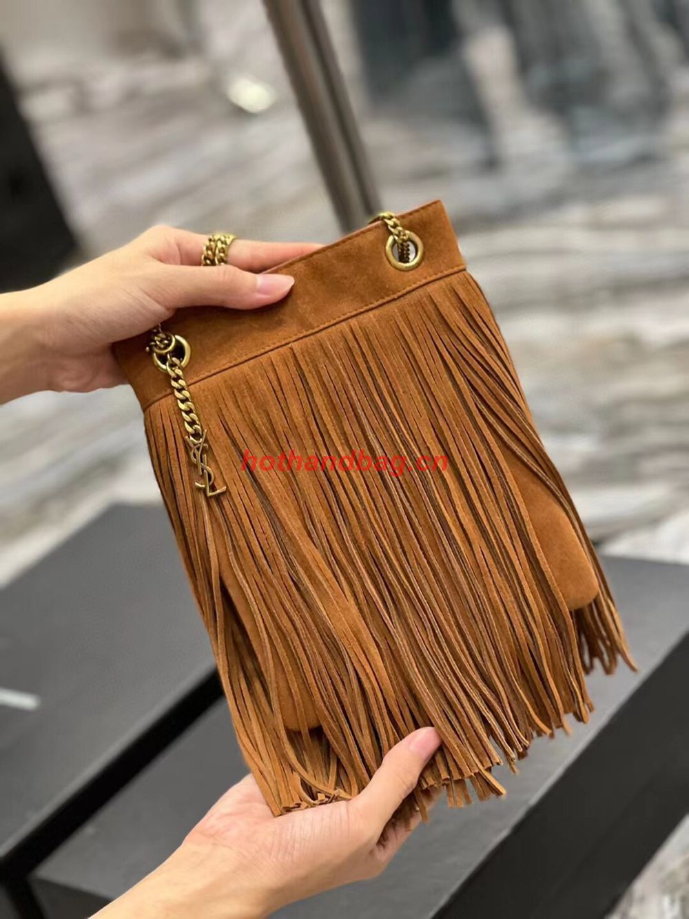 SAINT LAURENT SMALL CHAIN BAG IN LIGHT SUEDE WITH FRINGES 683378 brown SAINT LAURENT SMALL CHAIN BAG IN LIGHT SUEDE WITH FRINGES 683378 brown