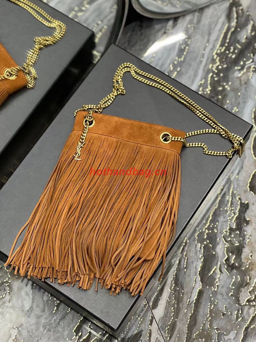 SAINT LAURENT SMALL CHAIN BAG IN LIGHT SUEDE WITH FRINGES 683378 brown SAINT LAURENT SMALL CHAIN BAG IN LIGHT SUEDE WITH FRINGES 683378 brown
