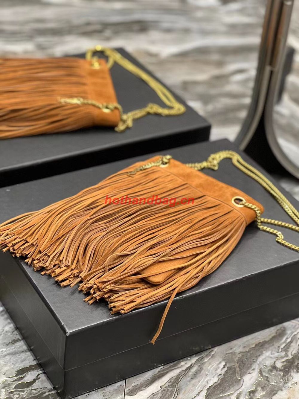 SAINT LAURENT SMALL CHAIN BAG IN LIGHT SUEDE WITH FRINGES 683378 brown SAINT LAURENT SMALL CHAIN BAG IN LIGHT SUEDE WITH FRINGES 683378 brown