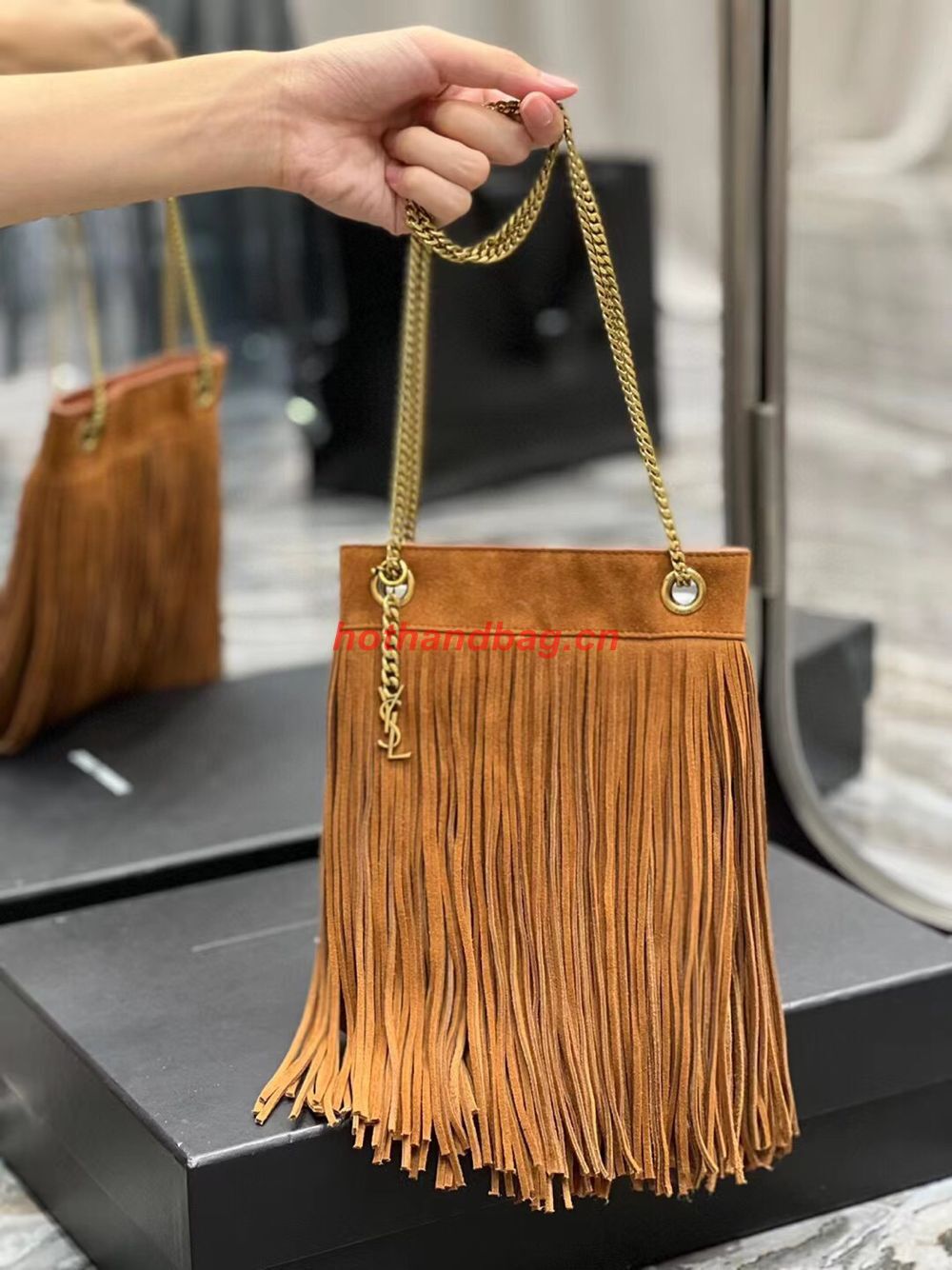 SAINT LAURENT SMALL CHAIN BAG IN LIGHT SUEDE WITH FRINGES 683378 brown SAINT LAURENT SMALL CHAIN BAG IN LIGHT SUEDE WITH FRINGES 683378 brown
