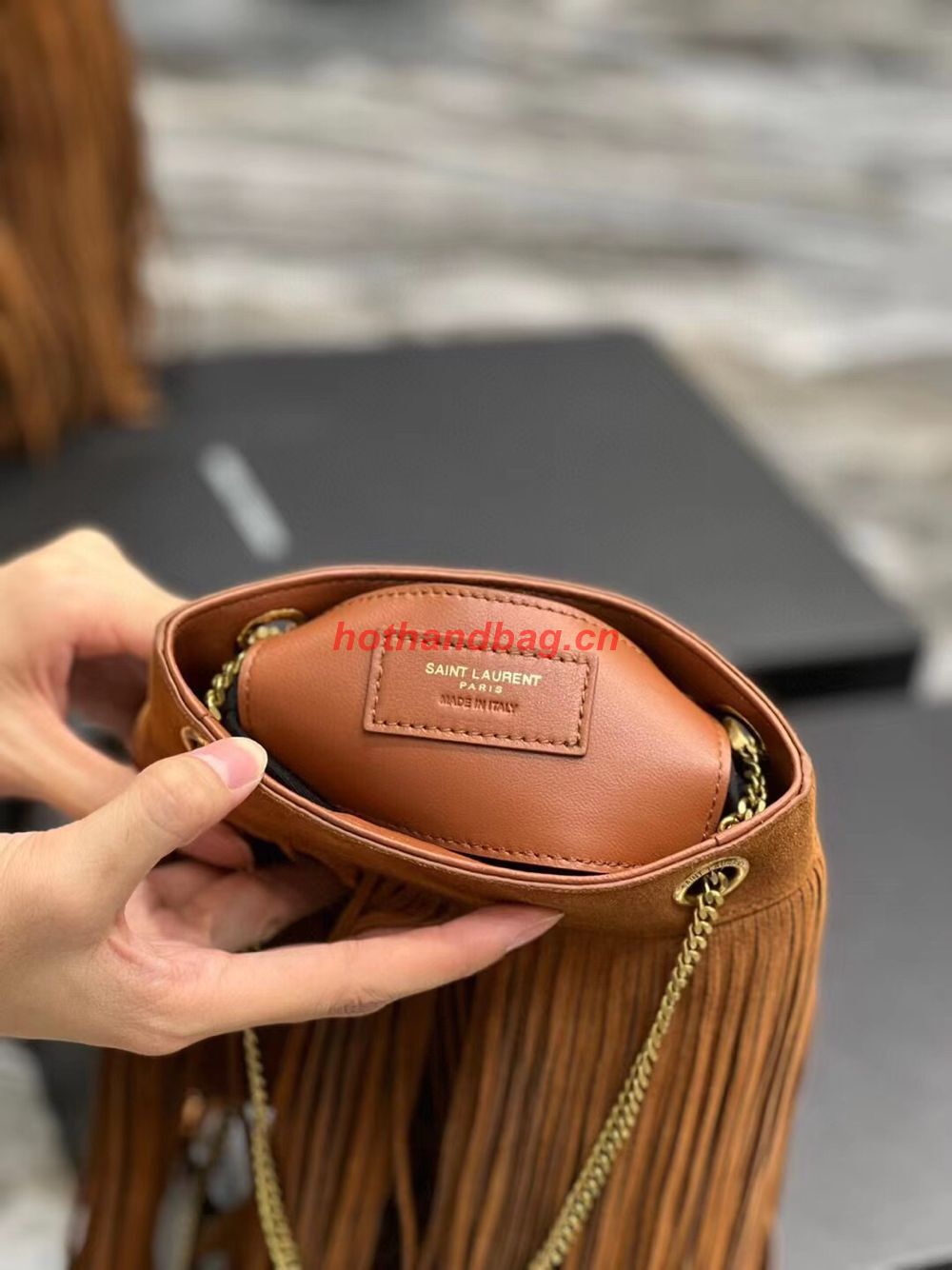 SAINT LAURENT SMALL CHAIN BAG IN LIGHT SUEDE WITH FRINGES 683378 brown SAINT LAURENT SMALL CHAIN BAG IN LIGHT SUEDE WITH FRINGES 683378 brown