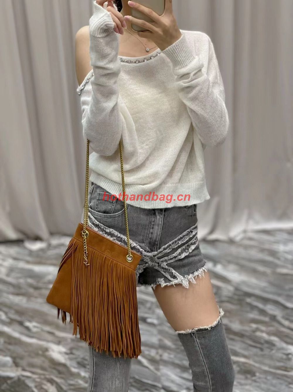 SAINT LAURENT SMALL CHAIN BAG IN LIGHT SUEDE WITH FRINGES 683378 brown SAINT LAURENT SMALL CHAIN BAG IN LIGHT SUEDE WITH FRINGES 683378 brown