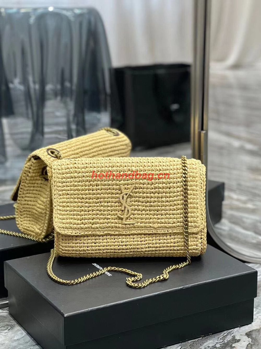 SAINT LAUREN KATE 99 CHAIN BAG IN RAFFIA Y685384 apricot SAINT LAUREN KATE 99 CHAIN BAG IN RAFFIA Y685384 apricot