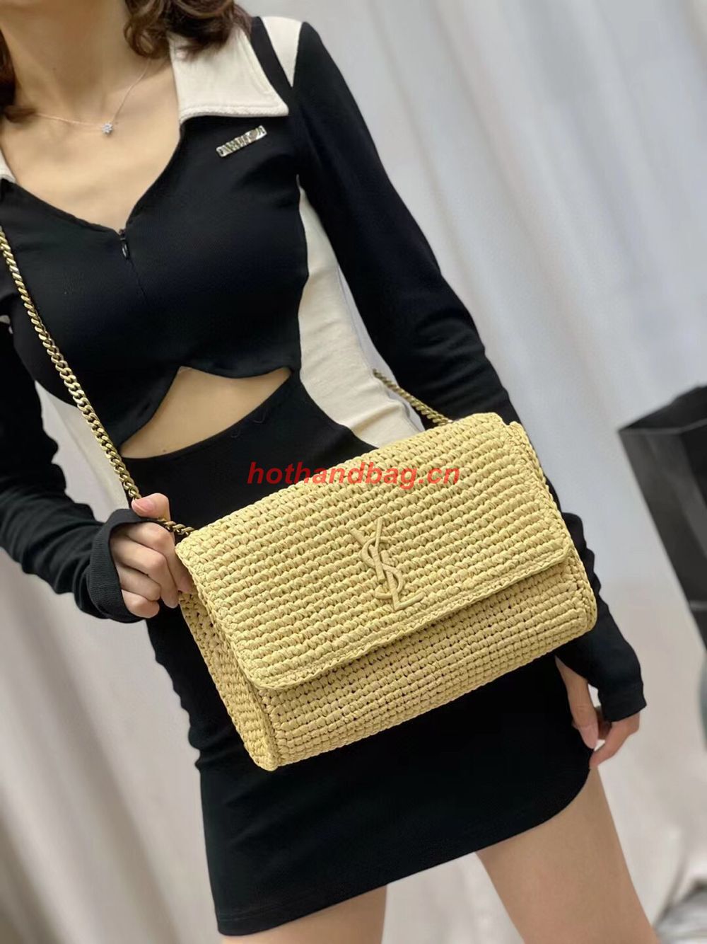 SAINT LAUREN KATE 99 CHAIN BAG IN RAFFIA Y685384 apricot SAINT LAUREN KATE 99 CHAIN BAG IN RAFFIA Y685384 apricot