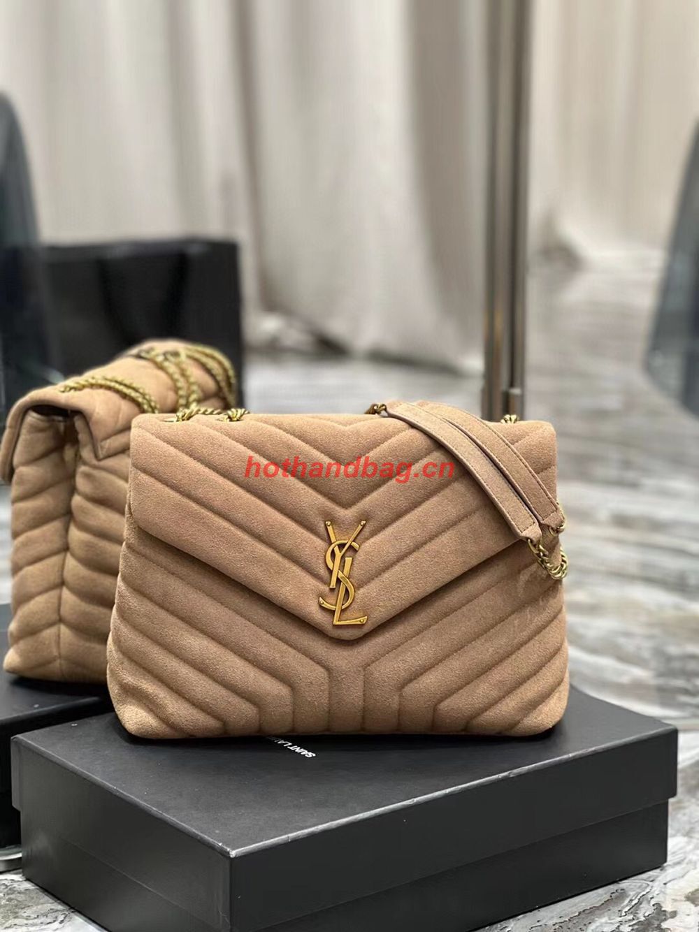 SAINT LAURENT LOULOU CHAIN BAG IN QUILTED Y SUEDE 487216 TAUPE SAINT LAURENT LOULOU CHAIN BAG IN QUILTED Y SUEDE 487216 TAUPE