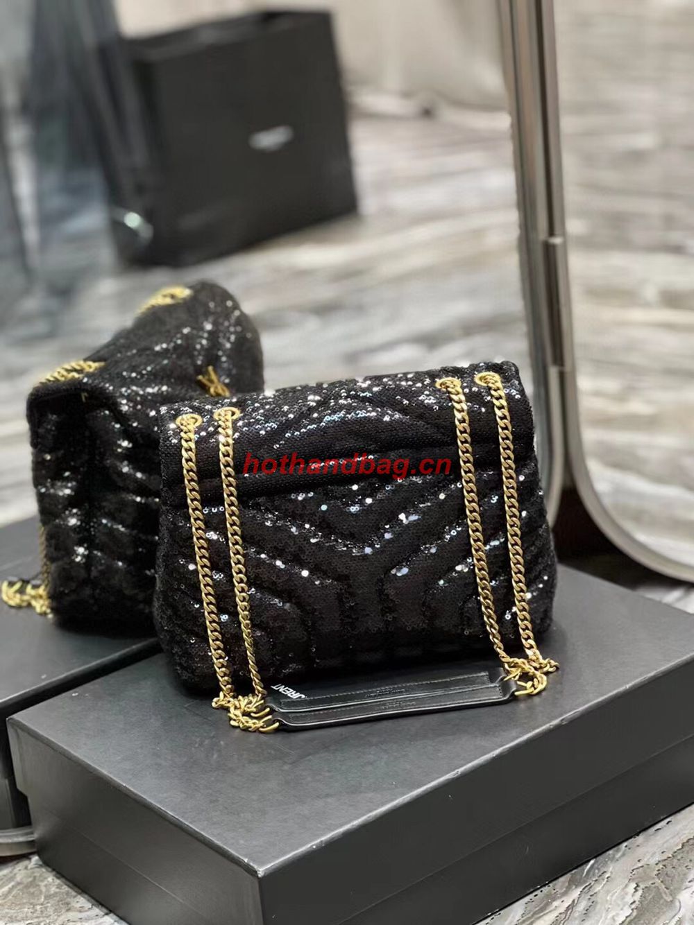 SAINT LAURENT LOULOU SMALL CHAIN BAG IN QUILTED Y LEATHER SATIN AND SEQUINS 494699 black SAINT LAURENT LOULOU SMALL CHAIN BAG IN QUILTED Y LEATHER SATIN AND SEQUINS 494699 black
