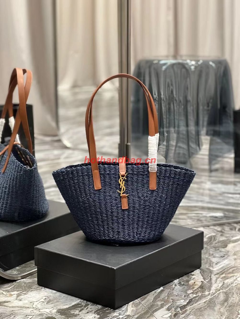 SAINT LAUREN PANIER SMALL BAG IN CROCHET RAFFIA AND SMOOTH LEATHER 685618 dark blue SAINT LAUREN PANIER SMALL BAG IN CROCHET RAFFIA AND SMOOTH LEATHER 685618 dark blue