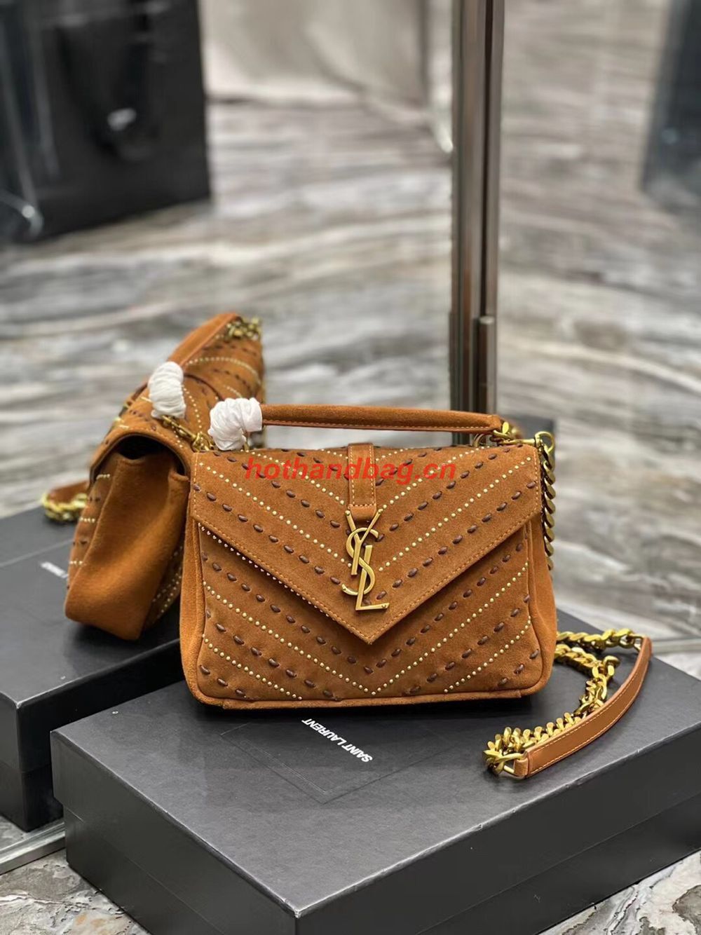 SAINT LAURENT COLLEGE MEDIUM CHAIN BAG IN QUILTED SUEDE 6002791 CINNAMON SAINT LAURENT COLLEGE MEDIUM CHAIN BAG IN QUILTED SUEDE 6002791 CINNAMON