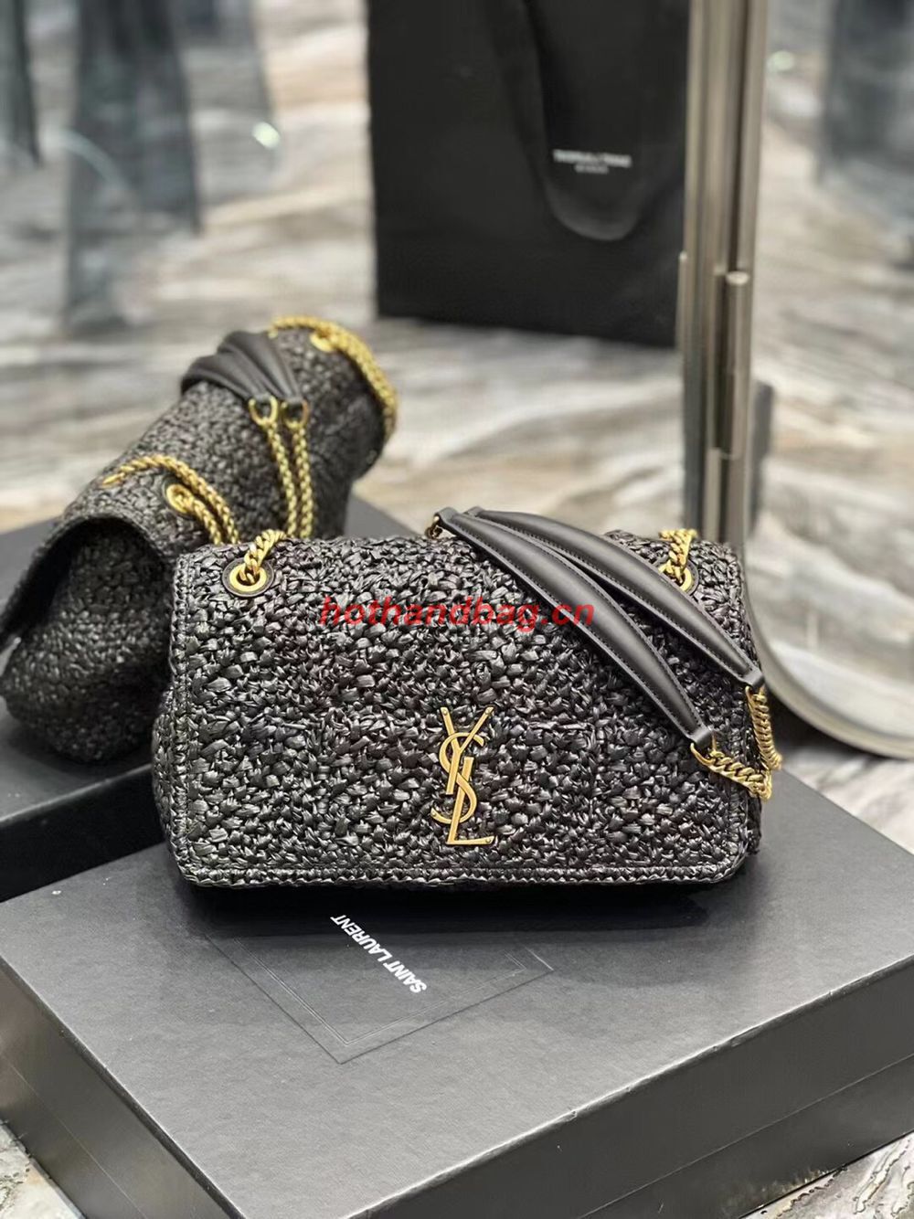 SAINT LAURENT JAMIE MEDIUM CHAIN BAG CARRE RIVE GAUCHE IN CROCHET RAFFIA AND SMOOTH LEATHER 515821 BLACK SAINT LAURENT JAMIE MEDIUM CHAIN BAG CARRE RIVE GAUCHE IN CROCHET RAFFIA AND SMOOTH LEATHER 515821 BLACK