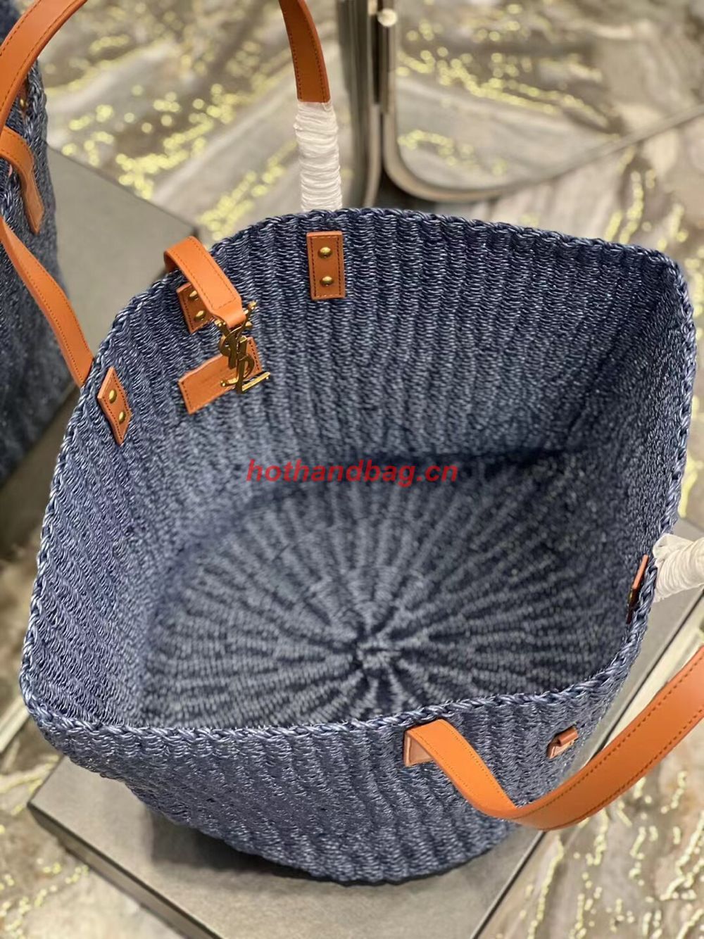 SAINT LAURENT PANIER MEDIUM BAG IN CROCHET RAFFIA AND SMOOTH LEATHER 688221 dark blue SAINT LAURENT PANIER MEDIUM BAG IN CROCHET RAFFIA AND SMOOTH LEATHER 688221 dark blue