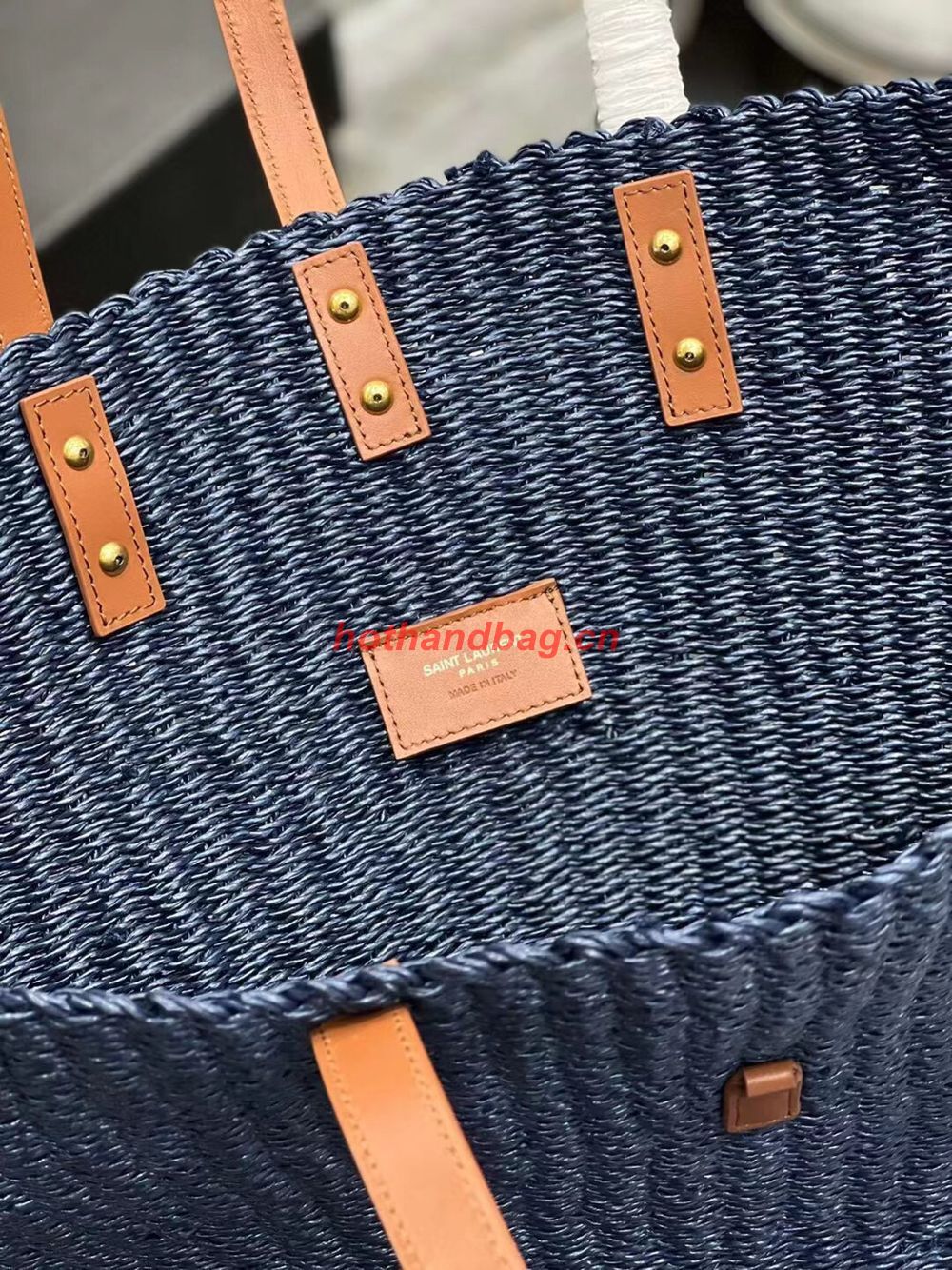 SAINT LAURENT PANIER MEDIUM BAG IN CROCHET RAFFIA AND SMOOTH LEATHER 688221 dark blue SAINT LAURENT PANIER MEDIUM BAG IN CROCHET RAFFIA AND SMOOTH LEATHER 688221 dark blue