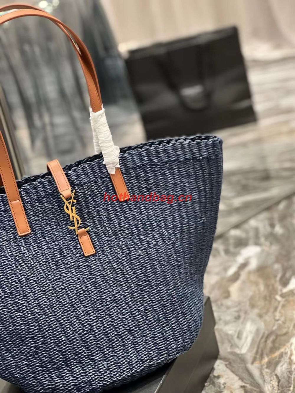 SAINT LAURENT PANIER MEDIUM BAG IN CROCHET RAFFIA AND SMOOTH LEATHER 688221 dark blue SAINT LAURENT PANIER MEDIUM BAG IN CROCHET RAFFIA AND SMOOTH LEATHER 688221 dark blue