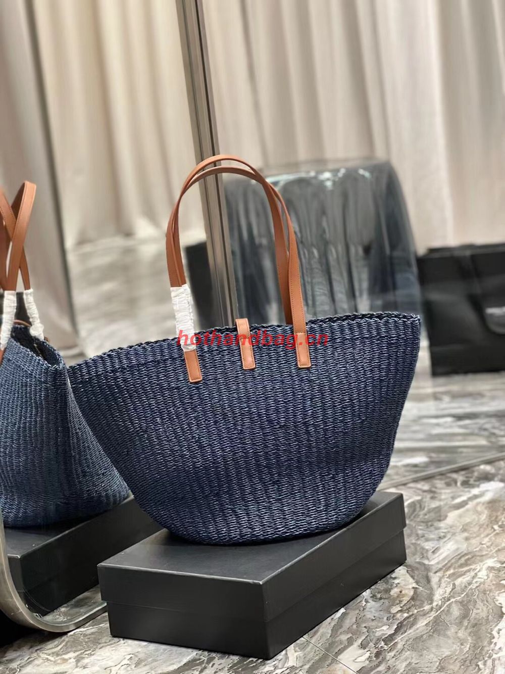 SAINT LAURENT PANIER MEDIUM BAG IN CROCHET RAFFIA AND SMOOTH LEATHER 688221 dark blue SAINT LAURENT PANIER MEDIUM BAG IN CROCHET RAFFIA AND SMOOTH LEATHER 688221 dark blue