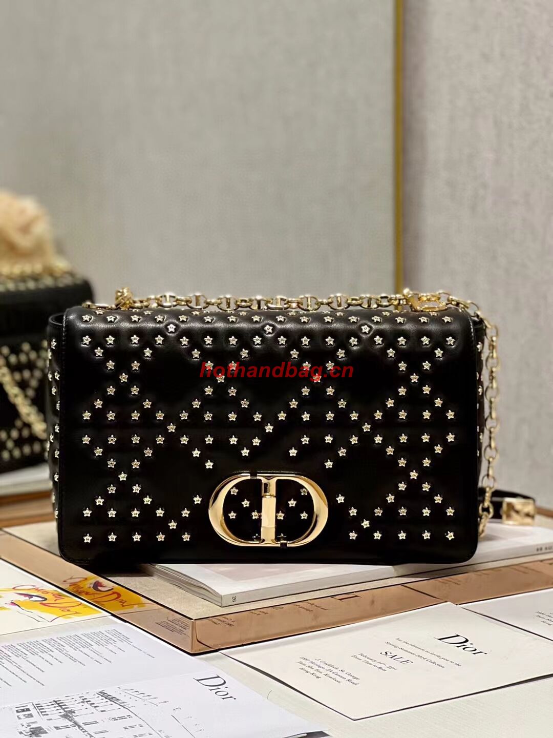 DIOR CARO MACROCANNAGE POUCH Macrocannage Calfskin with Star Motif C3136 black&gold DIOR CARO MACROCANNAGE POUCH Macrocannage Calfskin with Star Motif C3136 black&gold