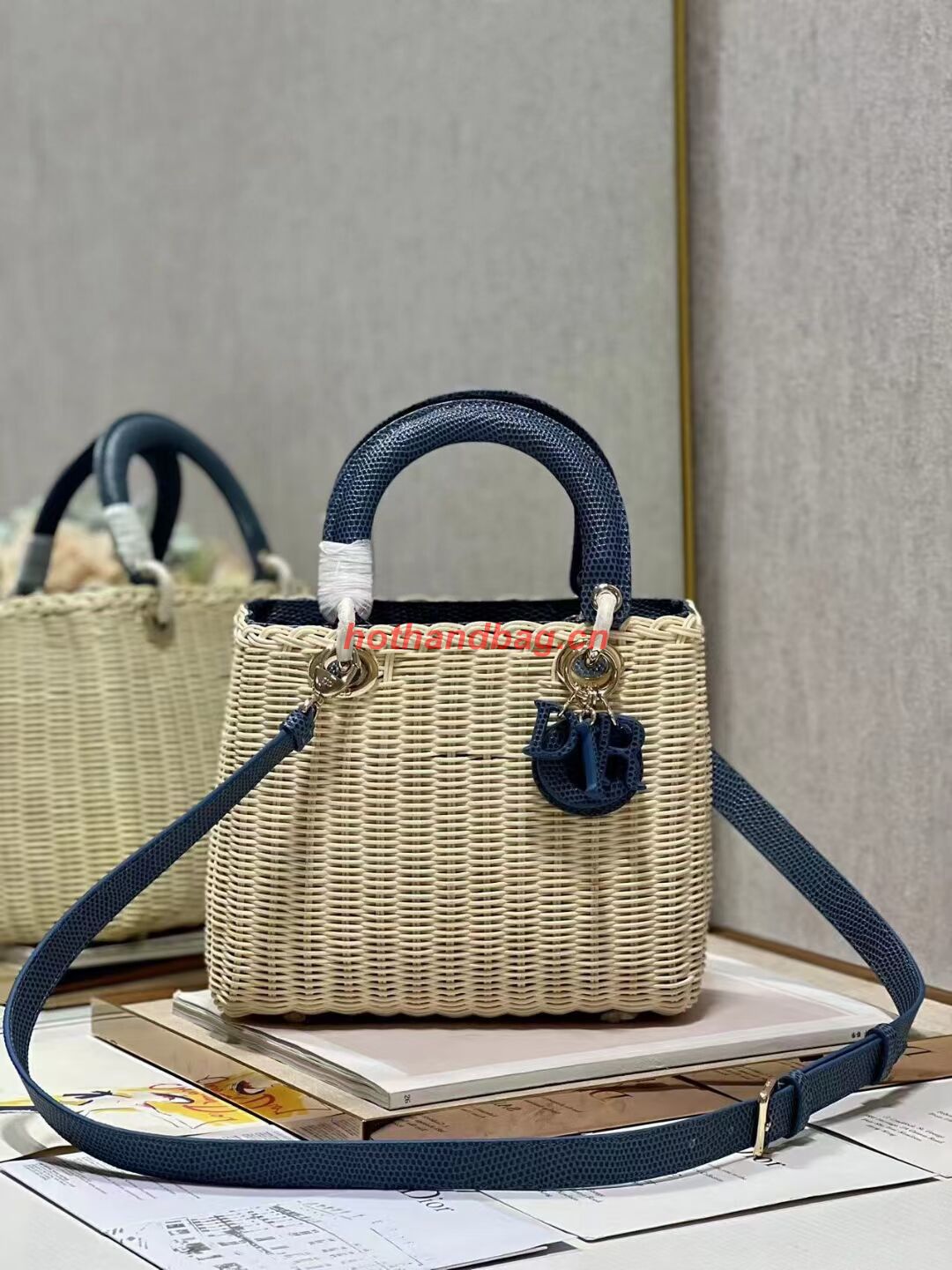 MEDIUM LADY DIOR BAG Natural Wicker and BlueLizard skin M0565 MEDIUM LADY DIOR BAG Natural Wicker and BlueLizard skin M0565