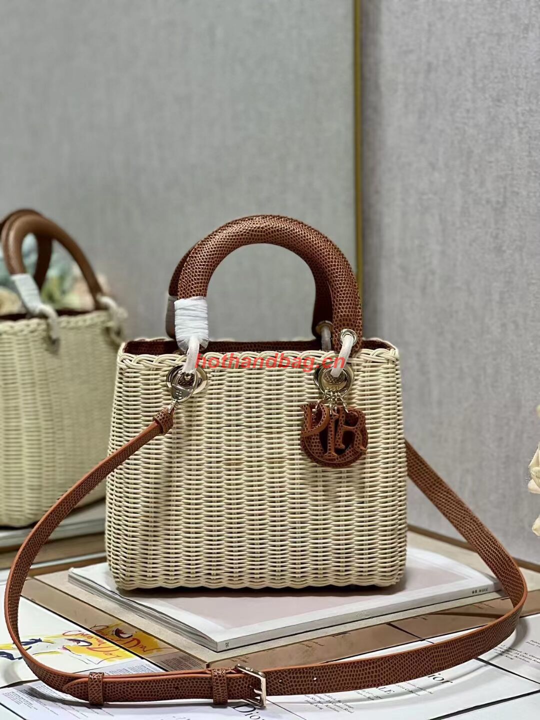 MEDIUM LADY DIOR BAG Natural Wicker and Brown Lizard skin M0565 MEDIUM LADY DIOR BAG Natural Wicker and Brown Lizard skin M0565