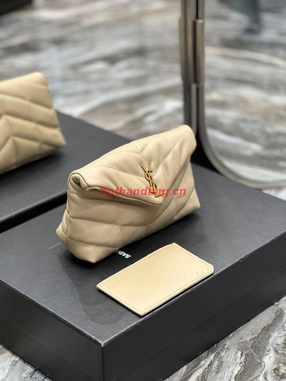 SAINT LAUREN PUFFER SMALL POUCH IN QUILTED LAMBSKIN 6508801 TAUPE&GOLD SAINT LAUREN PUFFER SMALL POUCH IN QUILTED LAMBSKIN 6508801 TAUPE&GOLD