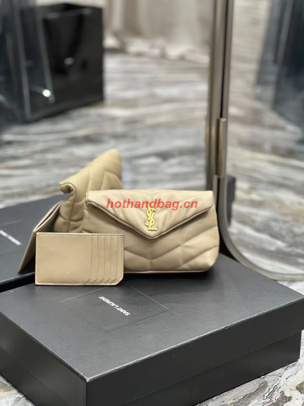 SAINT LAUREN PUFFER SMALL POUCH IN QUILTED LAMBSKIN 6508801 TAUPE&GOLD SAINT LAUREN PUFFER SMALL POUCH IN QUILTED LAMBSKIN 6508801 TAUPE&GOLD