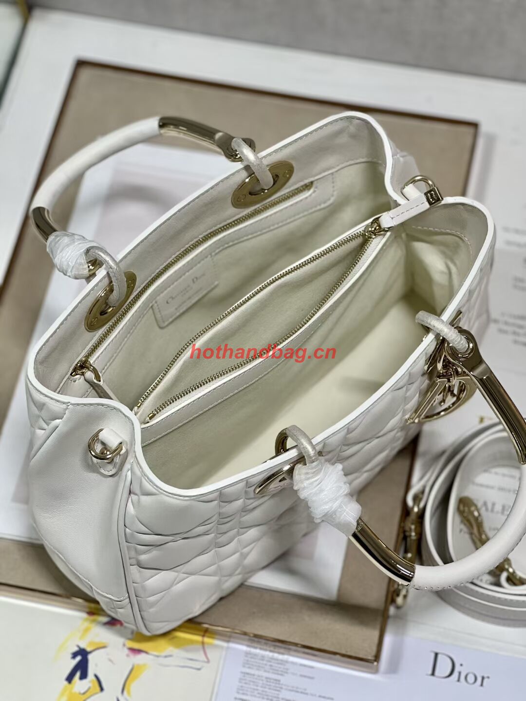 LADY DIOR TOP HANDLE MEDIUM BAG Latte Cannage Lambskin C9226 WHITE&GOLD LADY DIOR TOP HANDLE MEDIUM BAG Latte Cannage Lambskin C9226 WHITE&GOLD
