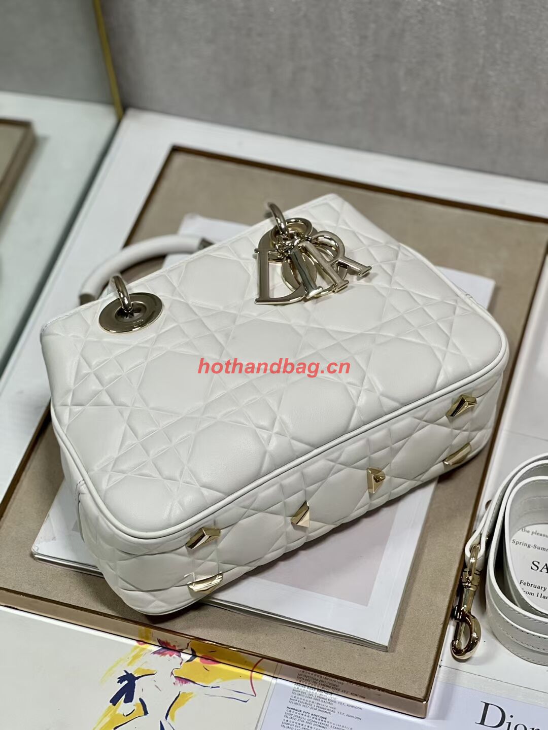 LADY DIOR TOP HANDLE MEDIUM BAG Latte Cannage Lambskin C9227 WHITE&GOLD LADY DIOR TOP HANDLE MEDIUM BAG Latte Cannage Lambskin C9227 WHITE&GOLD