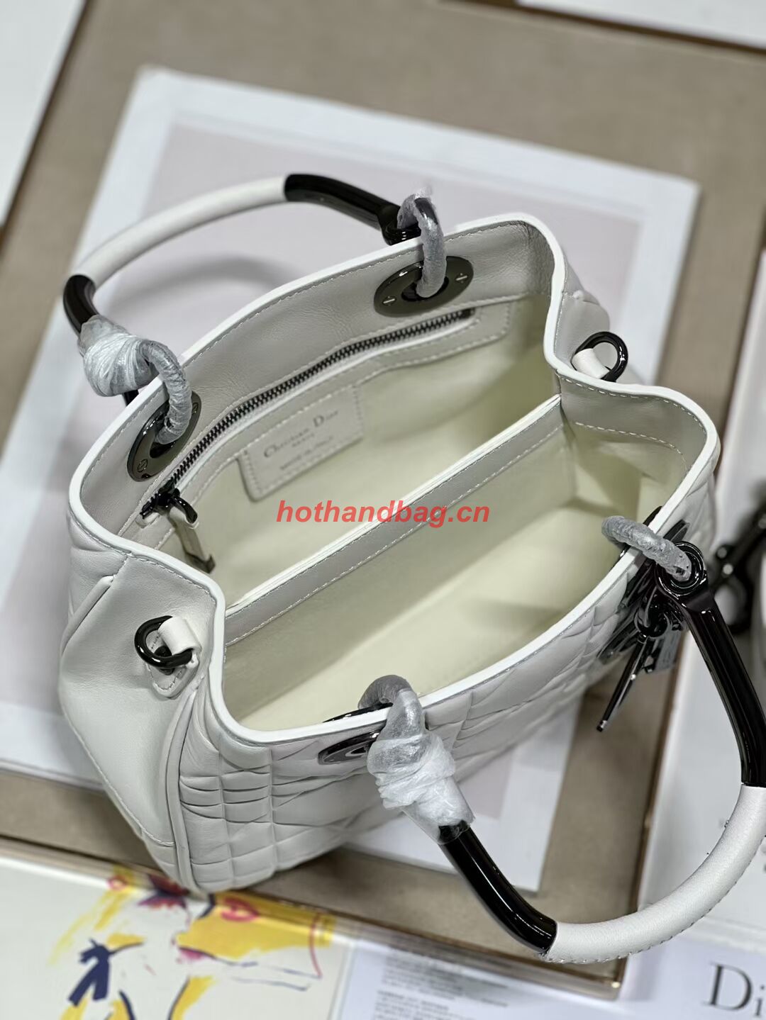 LADY DIOR TOP HANDLE SMALL BAG Latte Cannage Lambskin C9228 WHITE&BLACK LADY DIOR TOP HANDLE SMALL BAG Latte Cannage Lambskin C9228 WHITE&BLACK