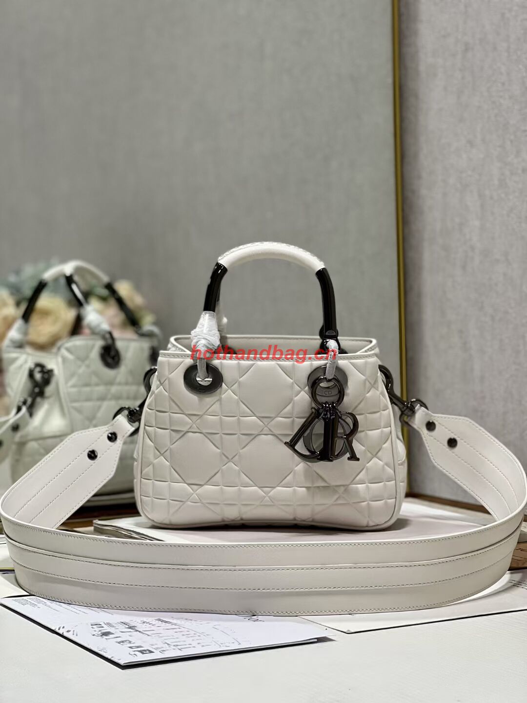 LADY DIOR TOP HANDLE SMALL BAG Latte Cannage Lambskin C9228 WHITE&BLACK LADY DIOR TOP HANDLE SMALL BAG Latte Cannage Lambskin C9228 WHITE&BLACK