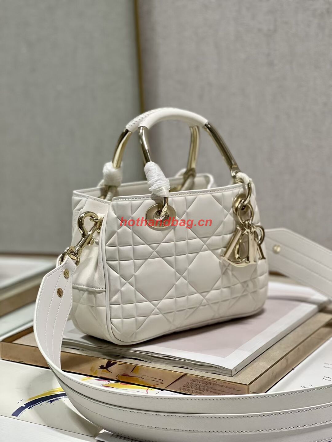 LADY DIOR TOP HANDLE SMALL BAG Latte Cannage Lambskin C9228 WHITE&GOLD LADY DIOR TOP HANDLE SMALL BAG Latte Cannage Lambskin C9228 WHITE&GOLD