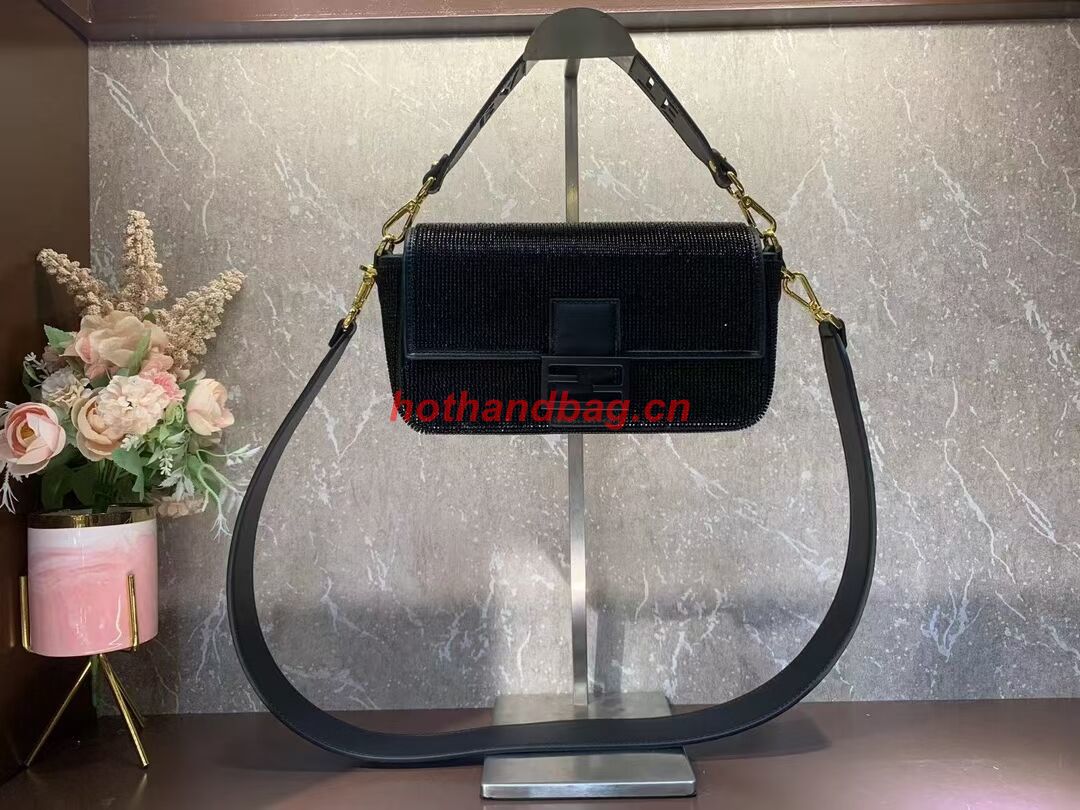 Fendi Baguette crystals and leather bag F0961 black Fendi Baguette crystals and leather bag F0961 black