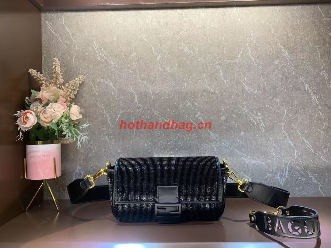 Fendi Baguette crystals and leather bag F0961 black Fendi Baguette crystals and leather bag F0961 black
