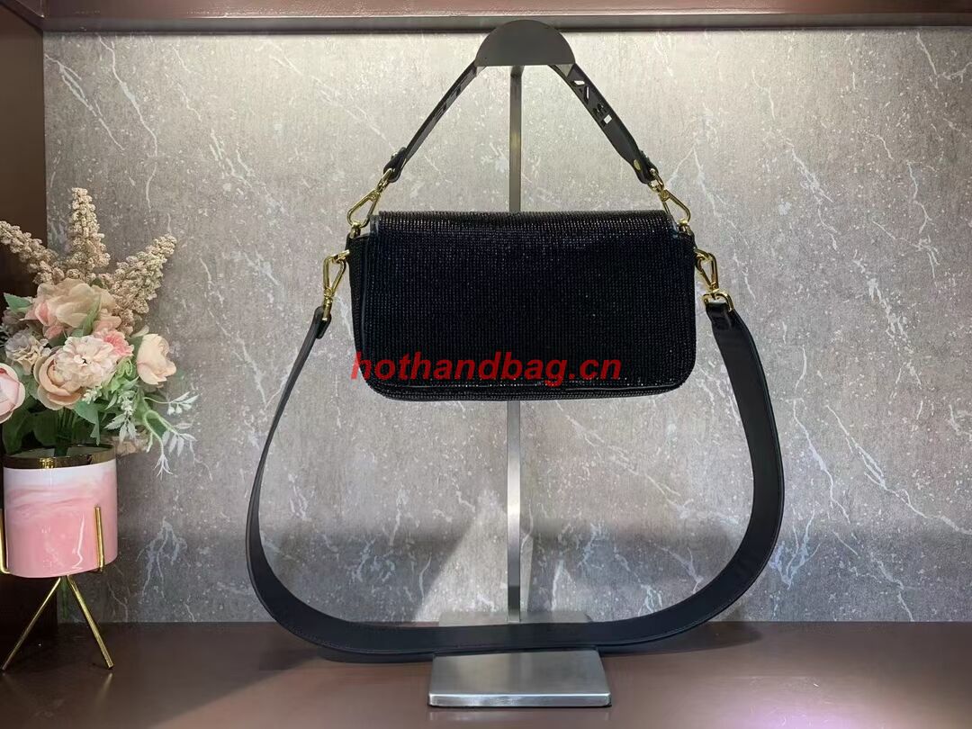 Fendi Baguette crystals and leather bag F0961 black Fendi Baguette crystals and leather bag F0961 black