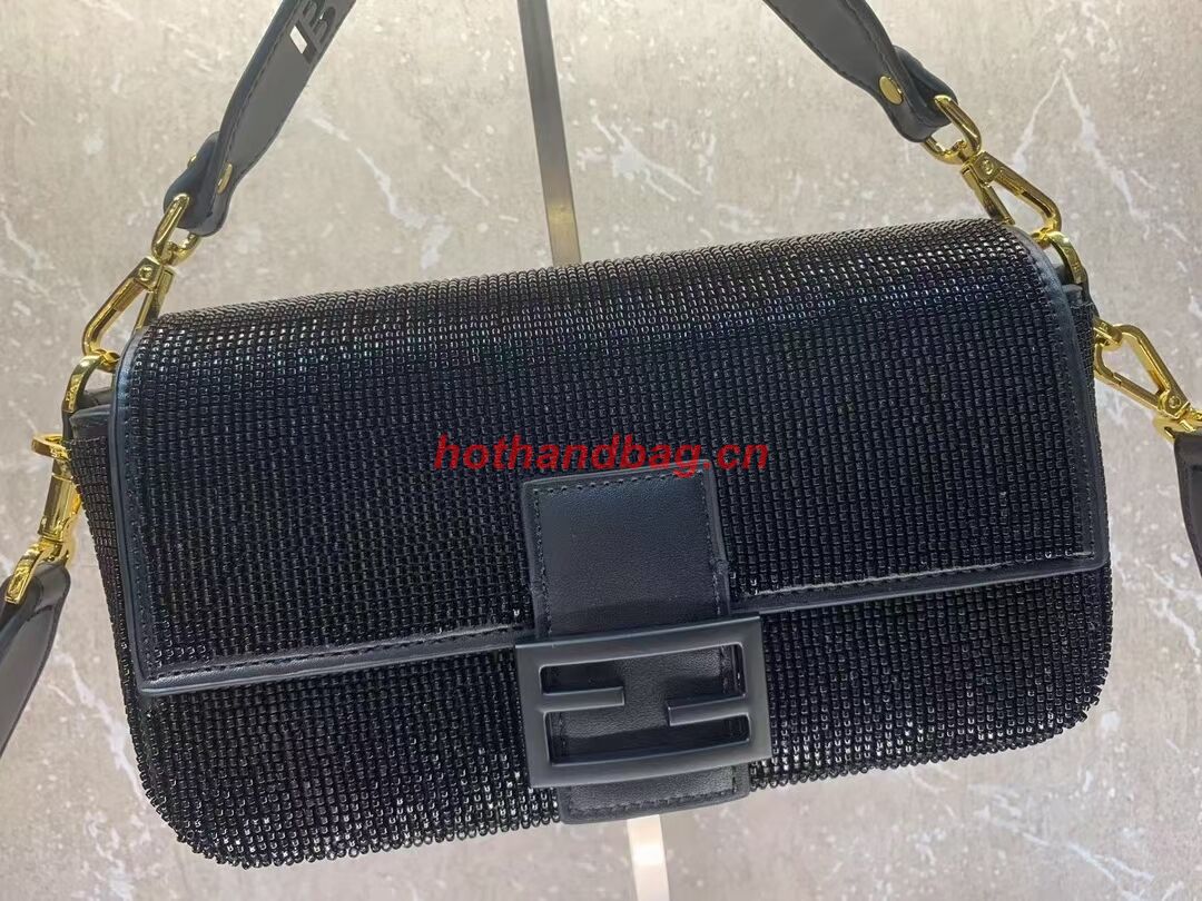 Fendi Baguette crystals and leather bag F0961 black Fendi Baguette crystals and leather bag F0961 black
