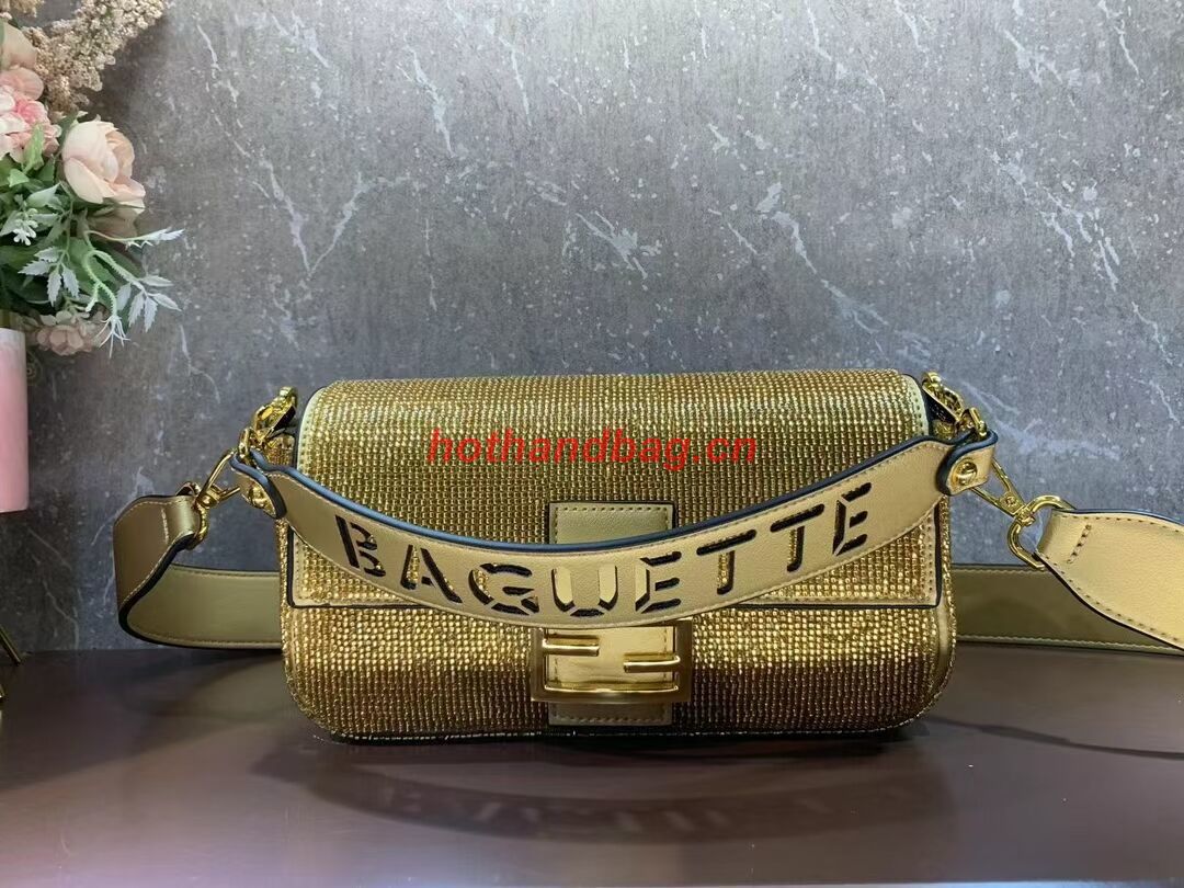 Fendi Baguette crystals and leather bag F0961 gold Fendi Baguette crystals and leather bag F0961 gold