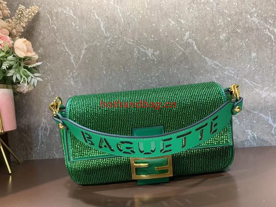 Fendi Baguette crystals and leather bag F0961 green Fendi Baguette crystals and leather bag F0961 green