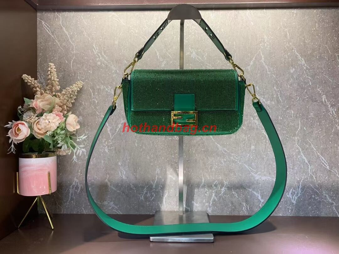 Fendi Baguette crystals and leather bag F0961 green Fendi Baguette crystals and leather bag F0961 green