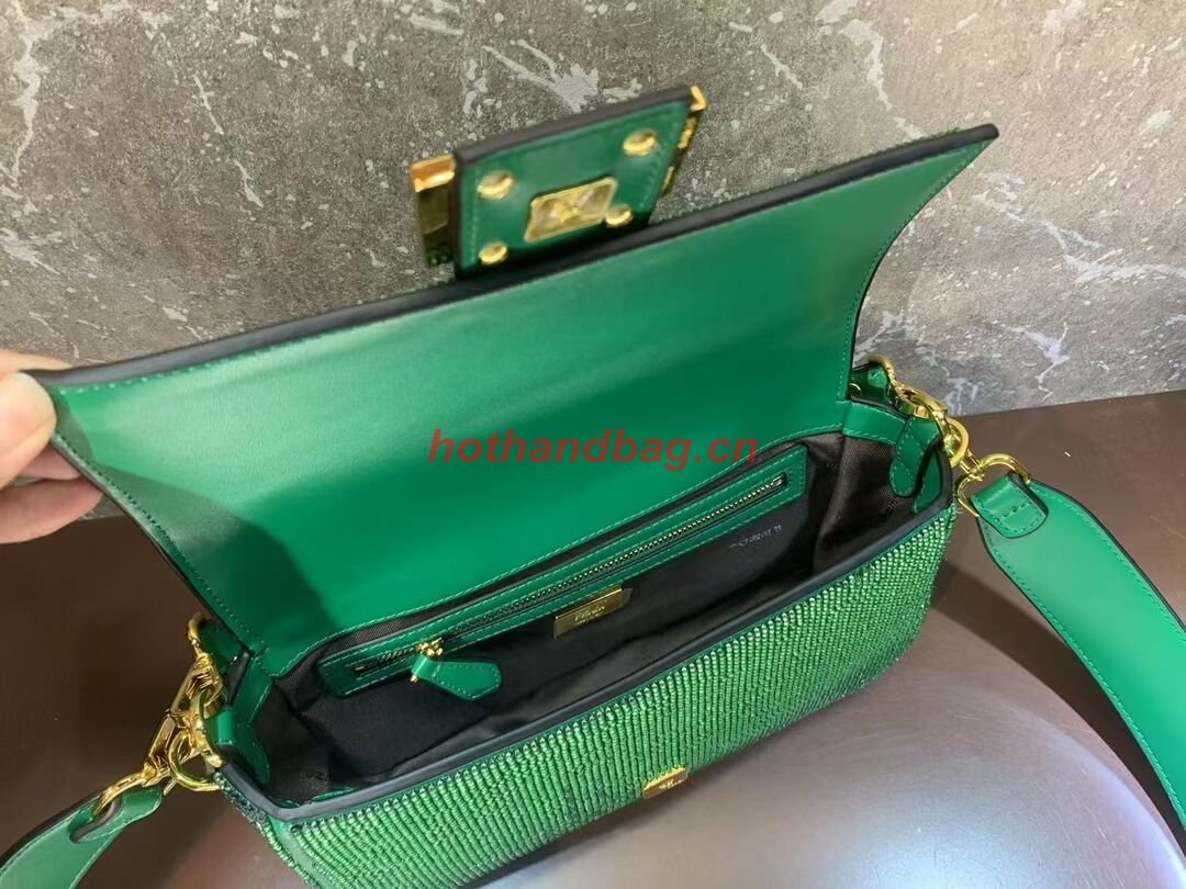 Fendi Baguette crystals and leather bag F0961 green Fendi Baguette crystals and leather bag F0961 green
