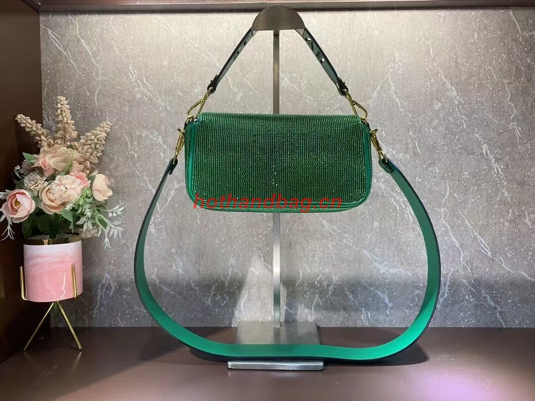 Fendi Baguette crystals and leather bag F0961 green Fendi Baguette crystals and leather bag F0961 green