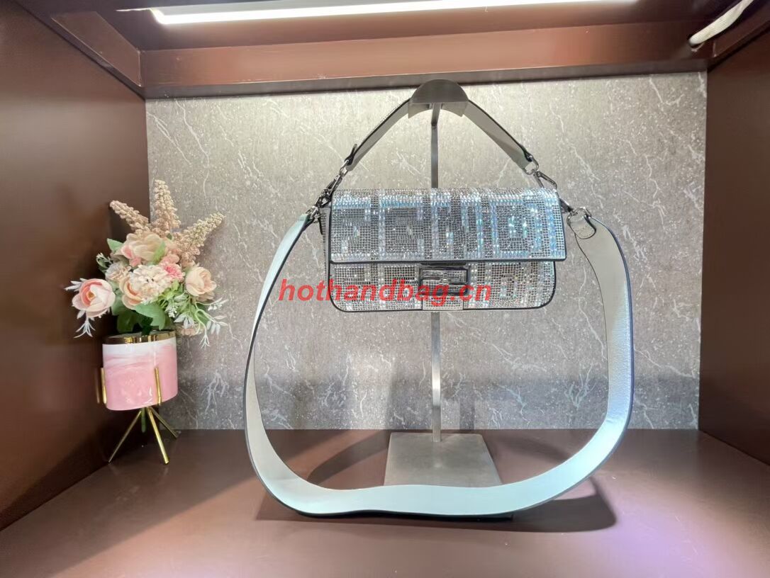 Fendi Baguette crystals and leather bag F0961 silvery Fendi Baguette crystals and leather bag F0961 silvery