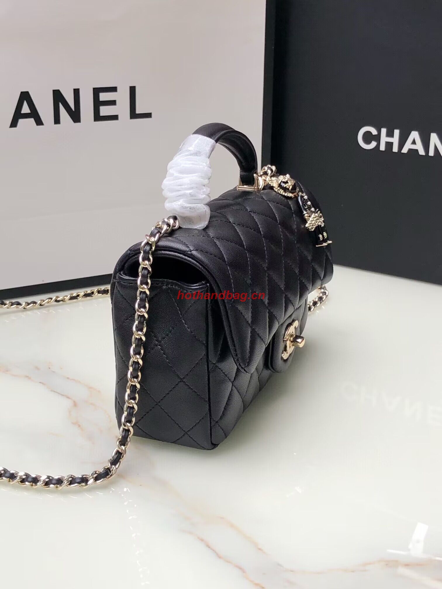 CHANEL mini flap bag with top handle AS2431 Black&Gold-Tone CHANEL mini flap bag with top handle AS2431 Black&Gold-Tone