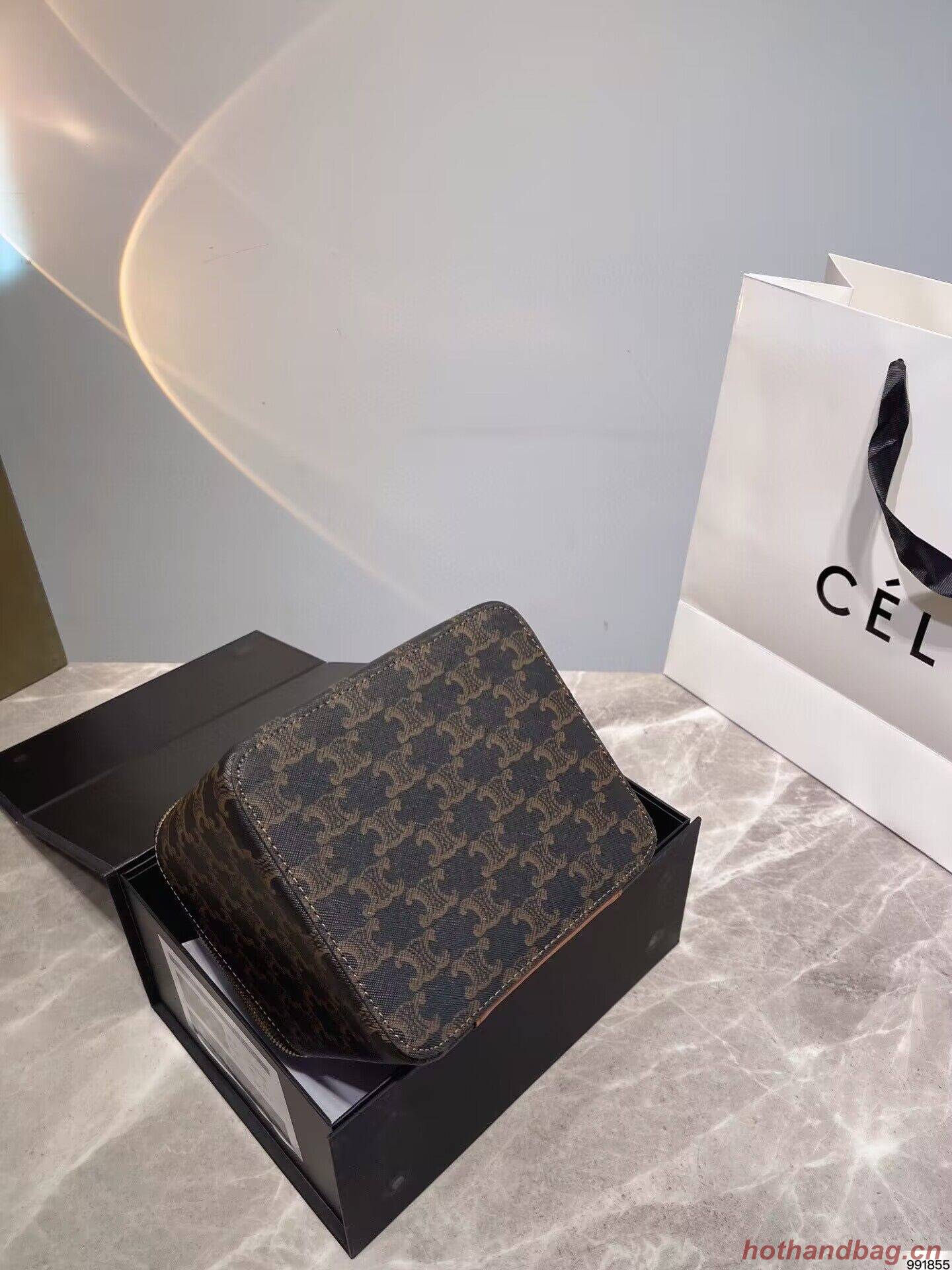 Celine Square Vanity Case In Triomphe Canvas And Calfskin 956437 Tan Celine Square Vanity Case In Triomphe Canvas And Calfskin 956437 Tan