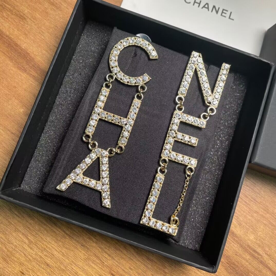 Chanel Crystal Leather Logo Statement Dangle Earrings CE50312 Gold Chanel Crystal Leather Logo Statement Dangle Earrings CE50312 Gold