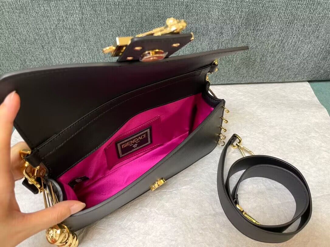Fendi and Versace Original Leather Baguette Bag 56871 Black Fendi and Versace Original Leather Baguette Bag 56871 Black