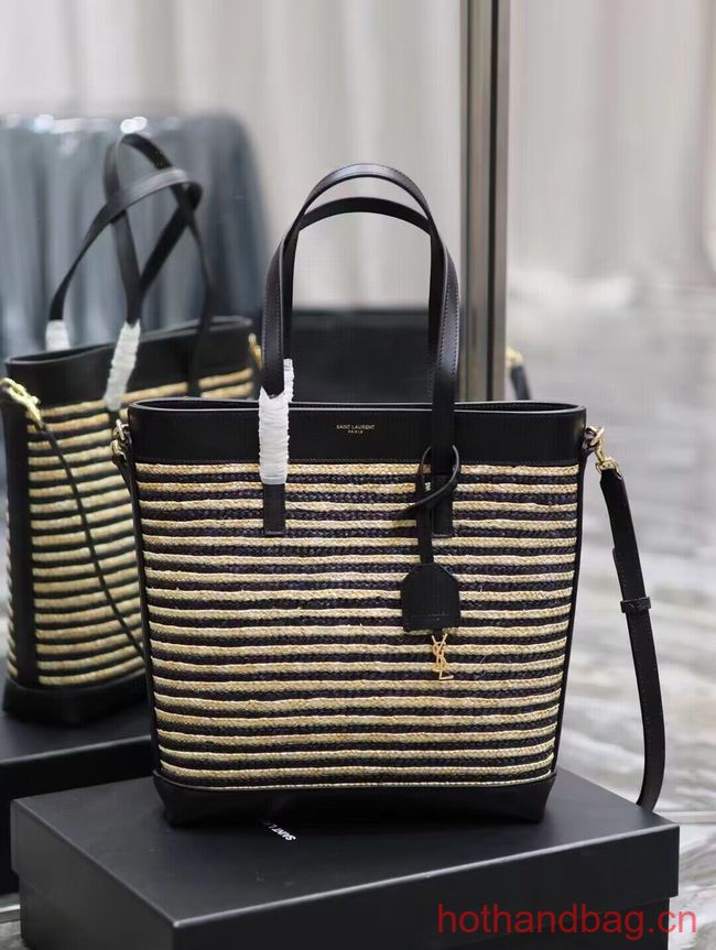 SAINT LAUREN RIVE GAUCHE TOTE BAG IN RAFFIA AND LEATHER Y860307 apricot&black SAINT LAUREN RIVE GAUCHE TOTE BAG IN RAFFIA AND LEATHER Y860307 apricot&black
