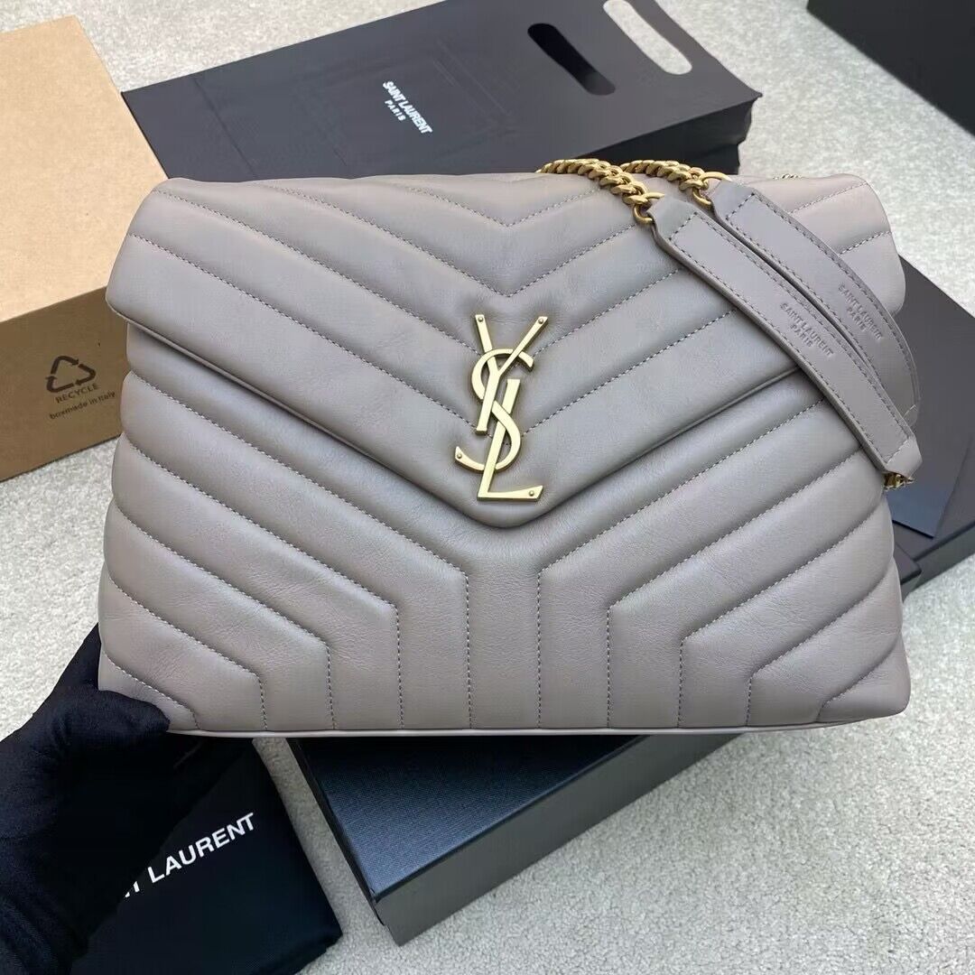 SAINT LAURENT Loulou Monogram Large quilted leather shoulder bag 392288 Light Gray Gold-Tone SAINT LAURENT Loulou Monogram Large quilted leather shoulder bag 392288 Light Gray Gold-Tone