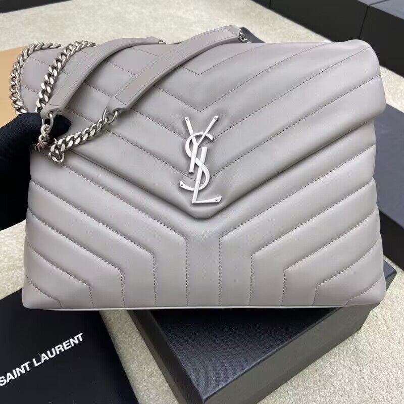 SAINT LAURENT Loulou Monogram Large quilted leather shoulder bag 392288 Light Gray Sliver-Tone SAINT LAURENT Loulou Monogram Large quilted leather shoulder bag 392288 Light Gray Sliver-Tone