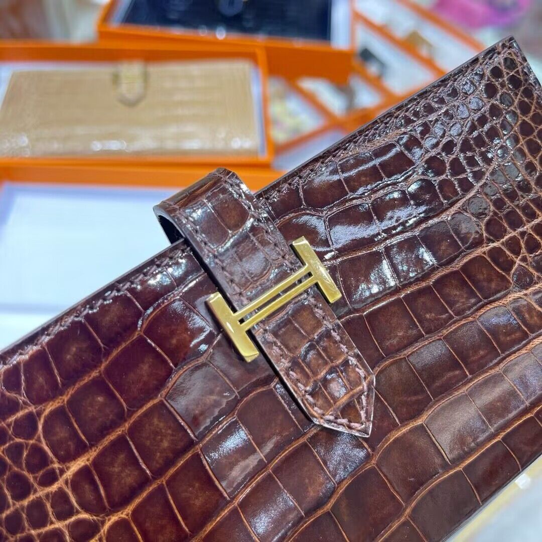Hermes 100% genuine crocodile leather kelly Wallet 33569 Dark Brown Hermes 100% genuine crocodile leather kelly Wallet 33569 Dark Brown