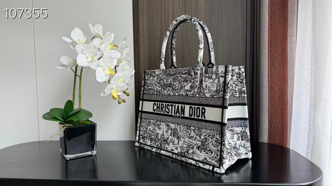 Medium Dior Book Tote White and Black Paris Allover Embroidery M1296ZEG