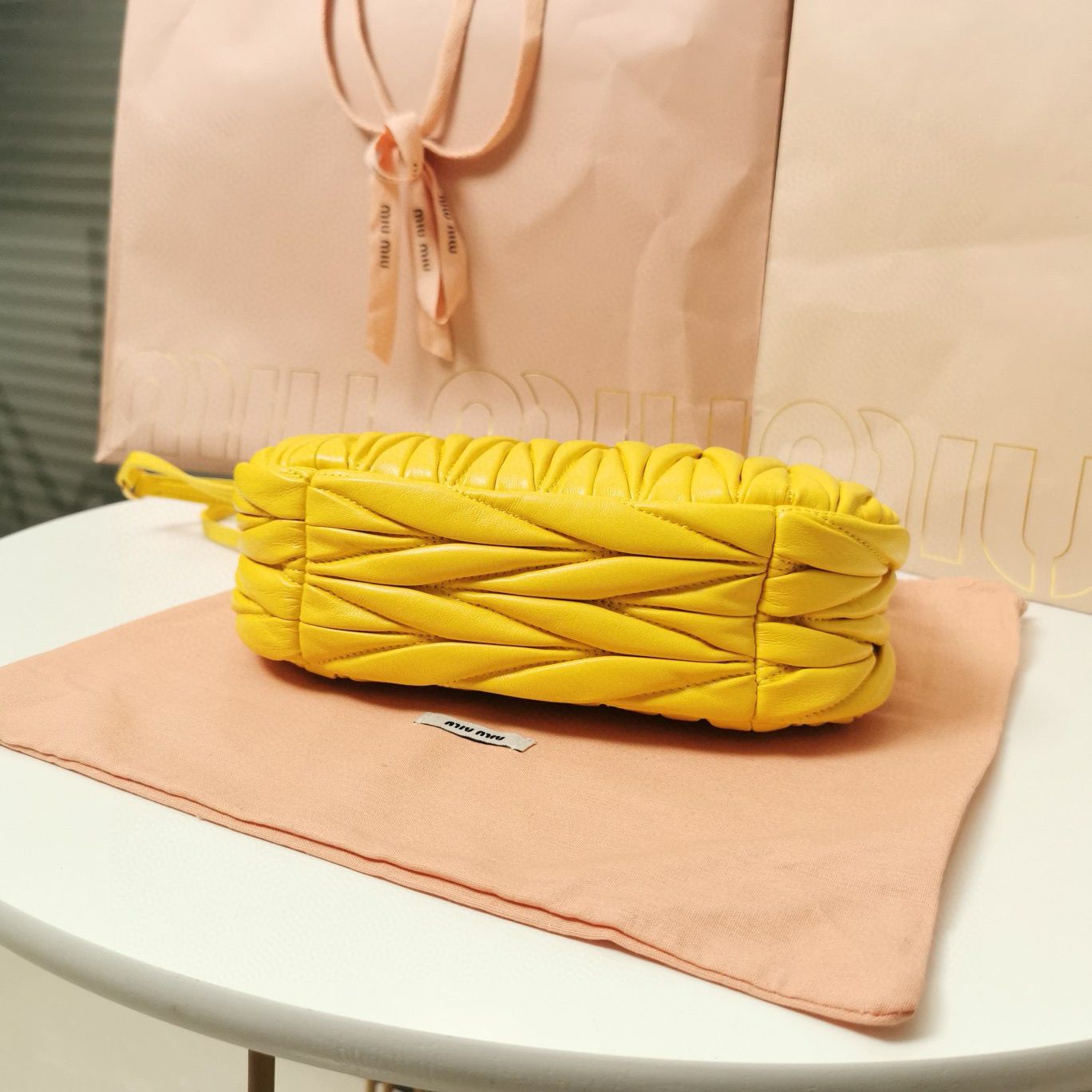 Miu Miu Wander Matelasse Original Sheepskin Bag 5BC125 Yellow Miu Miu Wander Matelasse Original Sheepskin Bag 5BC125 Yellow