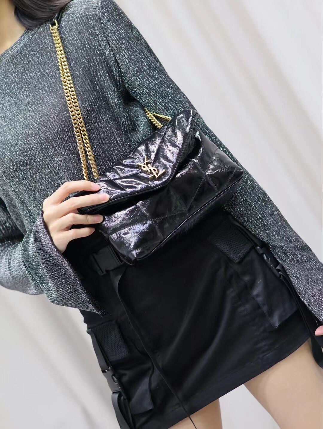 SAINT LAUREN PUFFER SMALL CHAIN BAG IN PATENT Y779223 BLACK SAINT LAUREN PUFFER SMALL CHAIN BAG IN PATENT Y779223 BLACK