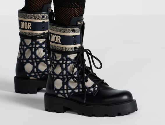 Dior D-Major Ankle Boot Black Calfskin with Deep Blue and Beige Embroidered Cannage Cotton KCI976C Dior D-Major Ankle Boot Black Calfskin with Deep Blue and Beige Embroidered Cannage Cotton KCI976C