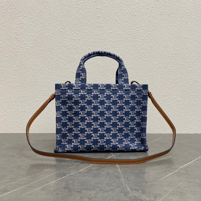 Celine SMALL CABAS THAIS IN DENIM WITH TRIOMPHE ALL-OVER EMBROIDERY AND CALFSKIN 199162 NAVY